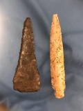 Pair of Large Indian Artifacts, Arrowheads TN Cobbs Blades, Missouri Stem Point, Longest 5 1/5