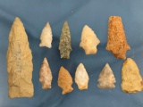 Lot of 10 Arrowheads found in Virginia, Quartz, Indurated Shale, Longest 5 1/4