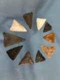 Lot of 10 Fine Triangles, Jasper, Quartz, Chert, Longest 1 3/4