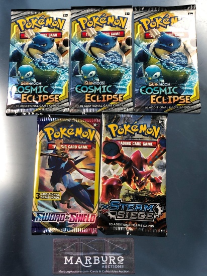 x3 Pokemon Sealed Booster Packs, Sun and Moon Cosmic Eclipse + x1 Sword Shield, x1 Steam Siege