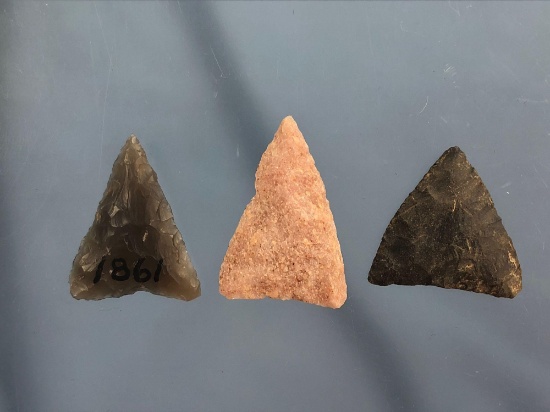 Lot of 3 Quality Triangles, Pennsylvania Finds, Chalcedony, Pink Quartzite, Chert, Longest 1 9/16"