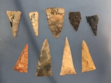 Lot of 9 Tennessee Triangle Points, Madisons, Great Condition, Longest 1 13/16