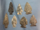 Lot of 7 Fine Smaller Arrowheads, Corner Notch, Bifurcate, Lower Sus. River, PA, Longest 2 9/16