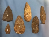 Lot of 6 Japer Arrowheads, Blades, Points, Ex: Pennypacker Collection Longest 3