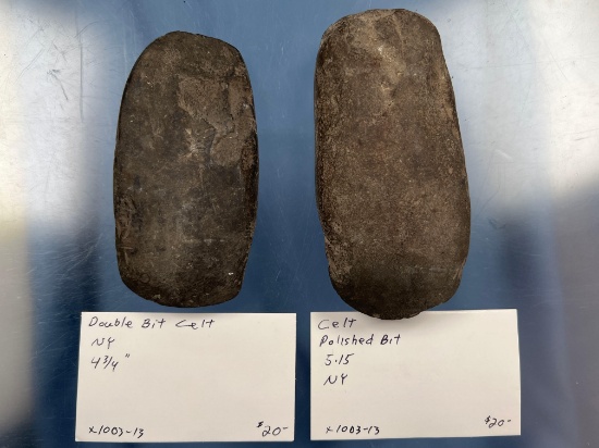Pair Celts- 4 7/8" Double Bitted, 5 1/8" Celt w/Polished Bit, Found in New York. Nicks noted