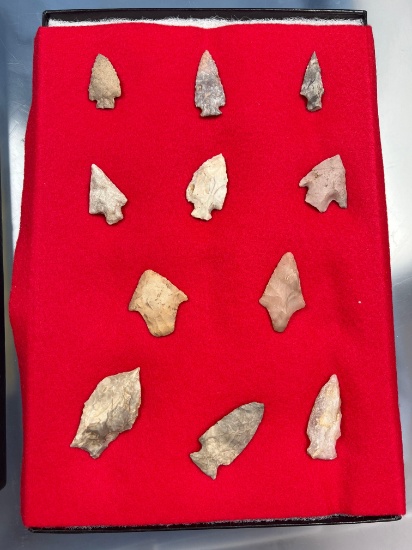 Lot of 11 Various Arrowheads, Points, Flint, Chert, Quartz, Longest 2 3/16", Central+Eastern US