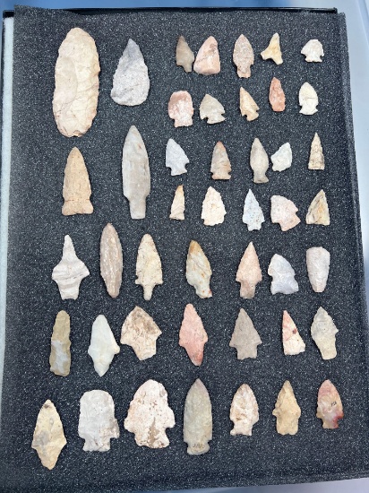 Lot of 45 Central/Midwest States, Mozarkite Flint, Cherts, Gary Points, Stemmed, Corner Notch,