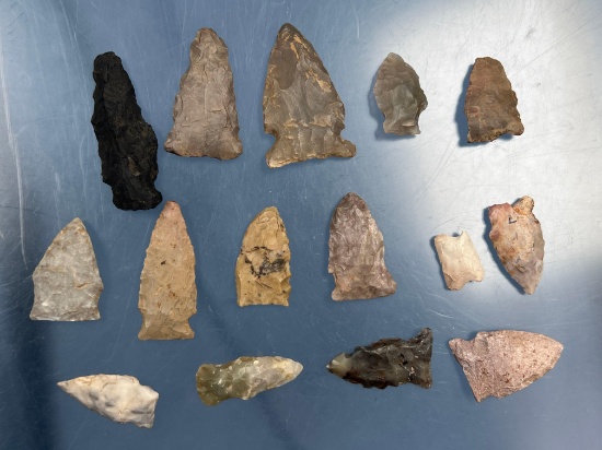 Lot of 15 Mainly Side-Notch Style Points, Arrowheads, Central/Midwestern US, Longest 1 7/8"