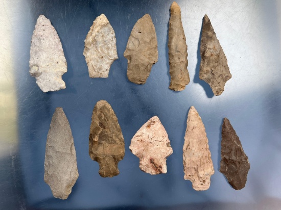 Lot of 10 Various Points, Midwest+Central States Arrowheads, Longest 3"