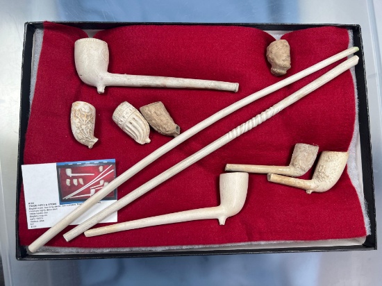 Lot of Tavern Pipes, 8 total with 2 Long Stems, Broken Condition, Nice Designs, Longest piece is 13"