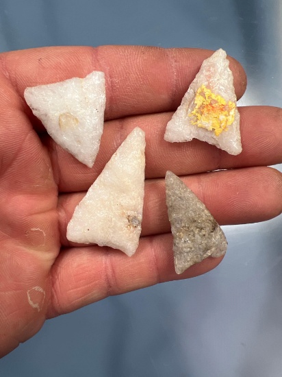 Lot of 4 Fine Quartz Triangle Points, Arrowheads, Found in New York, Longest 1 1/2"