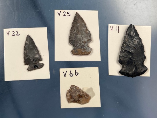 Lot of 3 Side-Notch Points+Piece of Mica, Onondaga Chert, Black Chert, Longest 2 1/4"