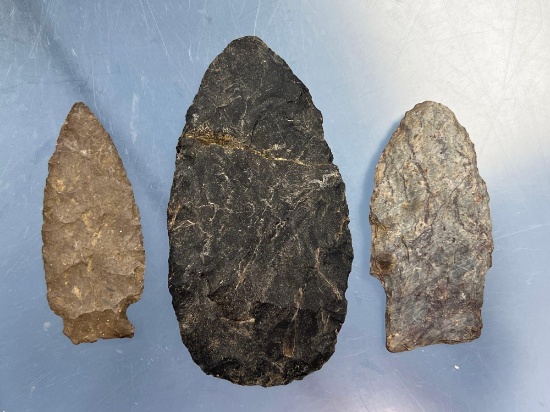 2 Nice Arrowheads, 1 Thin Knife Blade (Broken and Re-glued), Found in Pennsylvania Longest 3 7/8"