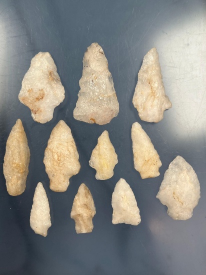 Lot of 11 Quartz Arrowheads, Found in Pennsylvania, Longest 2 5/8"