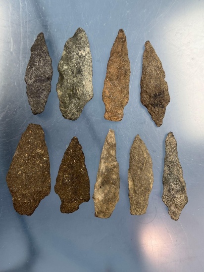 Lot of 9 Argillite Archaic Stemmed Arrowheads, Found in Pennsylvania, Longest 2 3/4"