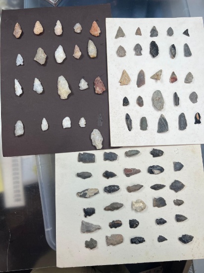 Lot of 3 Panels of Arrowheads, Mainly found in Pennsylvania, Longest is 2 1/4"