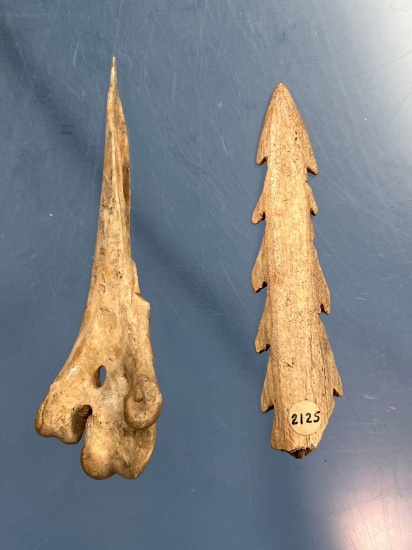 2 7/8" Bone Harpoon Point and 3 1?8" Awl, Found on Marsh Site, E. Bloomfield, New York, Longest