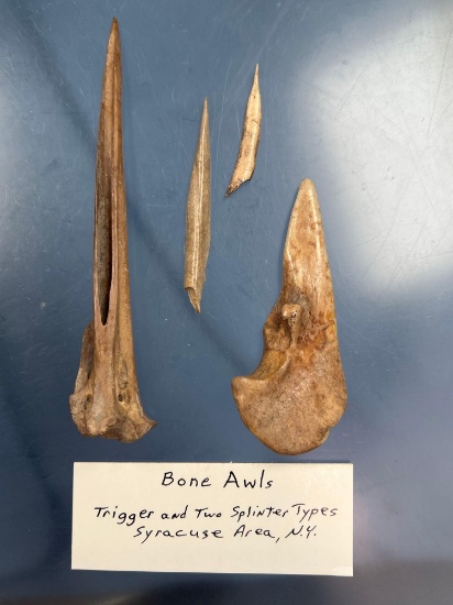 Lot of 4 Bone Awls, Tigger Awl, 5 3/4" Awl, Found in the Syracuse Area, New York