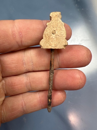 RARE 3" Engraved Bone Handle Metal Awl, Found Arsenal Hill, Canandaigua Co., Ontario