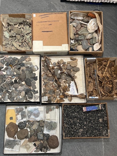 Large Lot of 7 Boxes of Site Material, Brass Scraps, Bannerstone Halves, Various sits in New York