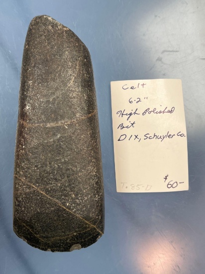 6 3/8" Heavily Polished Celt, Found in Dix, Schuyler Co., New York, Great Condition w/Sharp Bit
