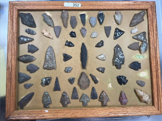 Frame of 54 Various Arrowheads, Mainly from the Northeast (several appear to be from central states)