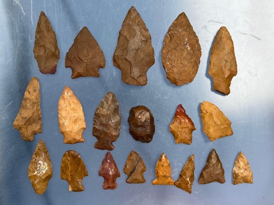 Lot of 19 Nice PA Jasper Arrowheads, Indian Artifacts, Longest Measures 2 5/8"