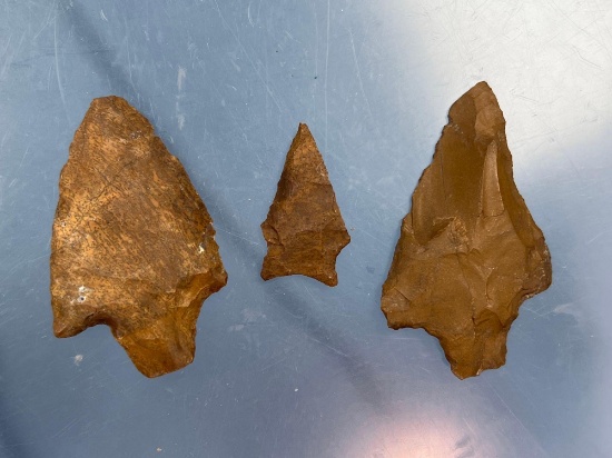Lot of 3 PA Jasper Transitional Arrowheads, Susquehanna Broad, Lehigh Broad, Longest Measures 2 5/8"