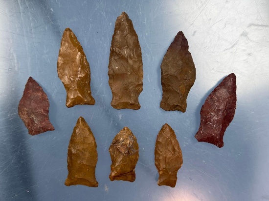 Lot of 8 PA Jasper Oriental Fishtail Arrowheads, Transitional, Longest Measures 2 1/4"