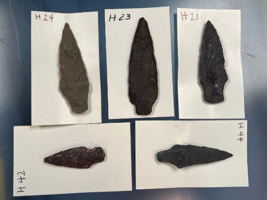 Nice Lot of 5 Various Stemmed Points, Lakawaxen, Bare Island, Merrimack Stemmed, New York, 3 3/16"