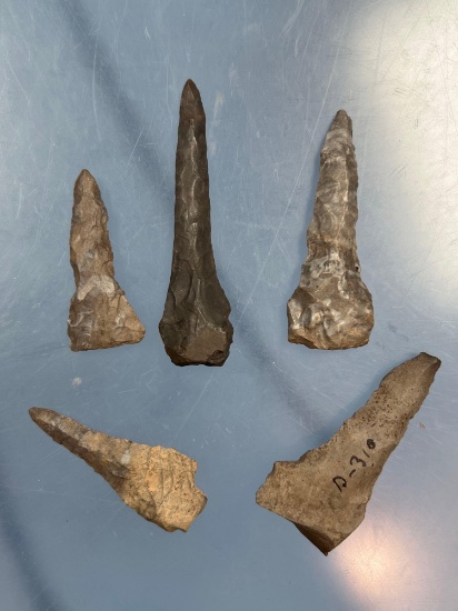 Lot of 5 Nice Drills, Onondaga Chert, Found in New York, Longest 2 3/8"