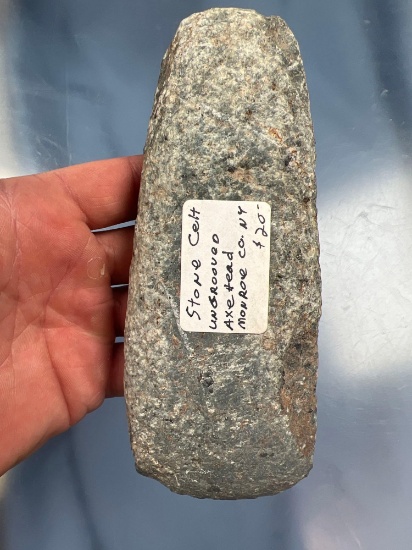 6 3/8" Celt, Found in Monroe Co,, New York, several nicks noted.