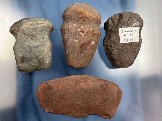Lot of 4 Grooved Axes Found in New York, Longest measures 5 3/4" Long. Nicks and Damage Noted