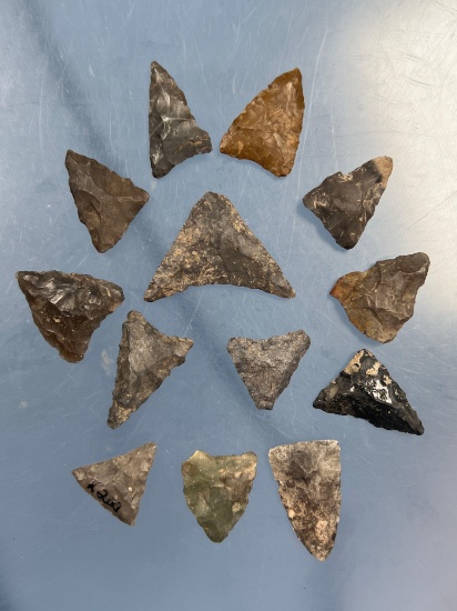 Lot of 13 Triangle Points, Arrowheads, Found in New York, Longest 1 1/8"