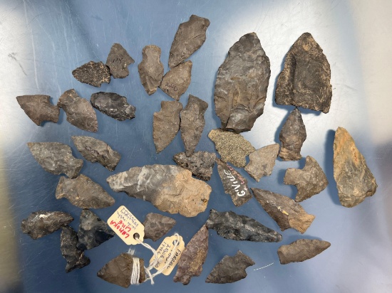 Lot of 33 Various New York Found Arrowheads, Onondaga, Chert, Bifurcates, Stemmed, Longest 2 1/2"