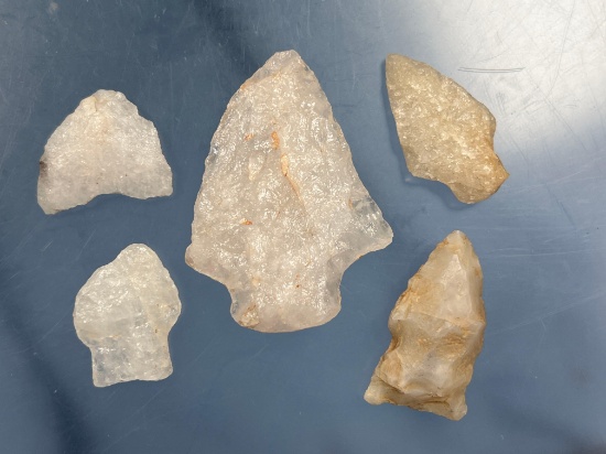 Lot of 5 Quartz Arrowheads, Found in New York, Longest 2 1/8"