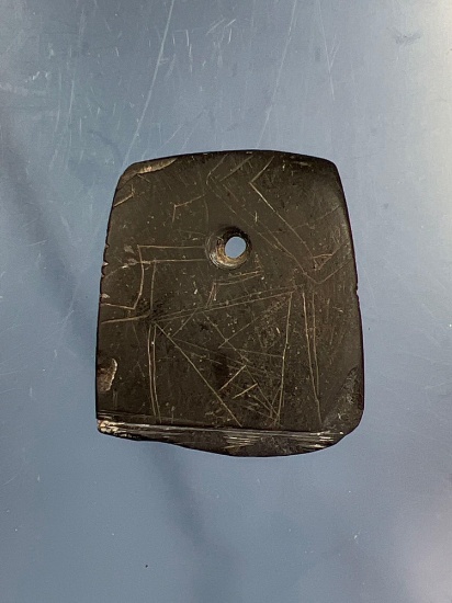 RARE Incised Salvaged Pendant, Black Slate, 1 5/8", Found in New York
