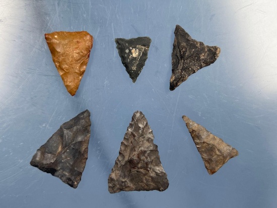 Lot of 6 Fine Triangle Points, Onondaga, Jasper, Chert, Found in New York- Longest 1 3/8"