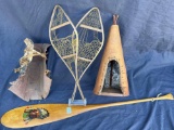 Lot of Various Native American Art Piecs, Snow Shoes, Birch Bark Home, Holder, Wooden Oar, Longest 2