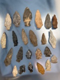 Lot of 23 Various Arrowheads, Found in Pennsylvania, Longest 2 7/8