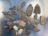 Lot of 33 Various New York Found Arrowheads, Onondaga, Chert, Bifurcates, Stemmed, Longest 2 1/2