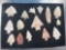 Frame of 15 Florida Found Arrowheads, ALL RESTORED, Some Ears, Bases, Tips, Mid Sections, etc. 3 1/4