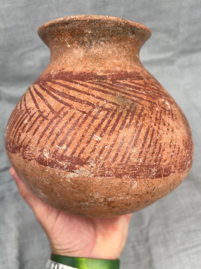 Solid 7" Pre Columbian Pottery Vessel, Red Pained Linear and Diagonal Design, Pot Indian Artifact
