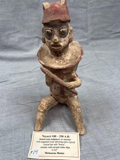 9 1/2" Mayarit Effigy Pottery Vessel, Seated Male Warrior, Michoacan Mexico, Pre Columbian