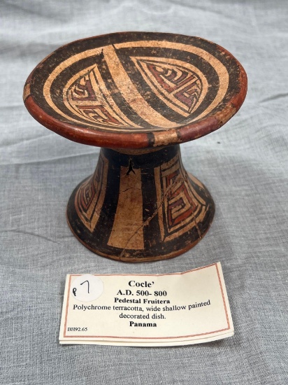 4 1/2" Cocle Polychrome Terracotta Pedestal Fruitera, Pre Columbian, Broken and Re-glued