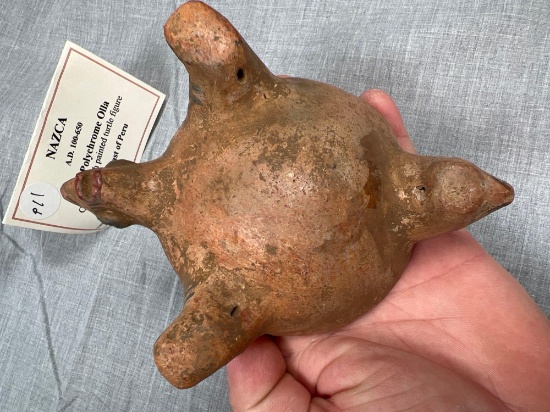 5 3/4" Mazca Polychrome Olla, Pottery Vessel with Painted Turtle Figure, Pre Columbia, Peru