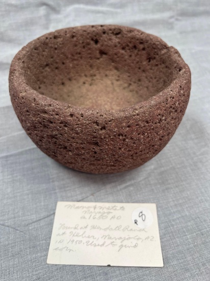 6 1/2" Wide Stone Mortar, Found at Hendall Ranch, Manajo Co., Arizona in 1950.