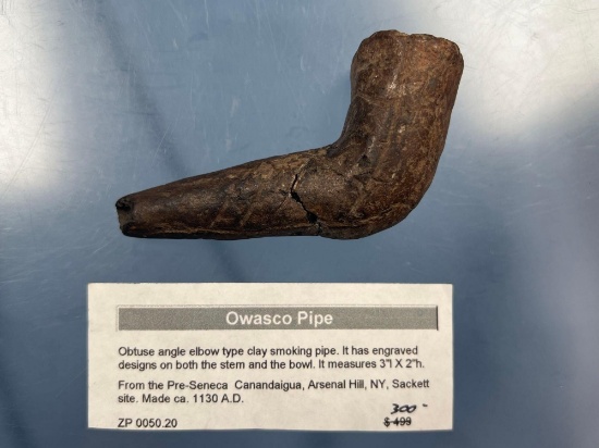 3 1/2" Owasco Obtuse Angle Pipe w/ Tree Effigy Diagonal+Linear Designs, Arsenal Hill, NY Sackett Sit