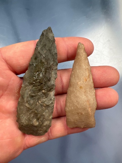 Pair of Stemmed/Lanceolate Points, Found in New York, Ex: Charlie Wray, Longest 3 1/4"