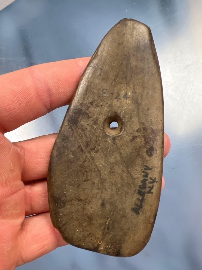 4 1/4" Trapezoidal Pendant, Slate, Found in Allegheny Co., New York, Incising
